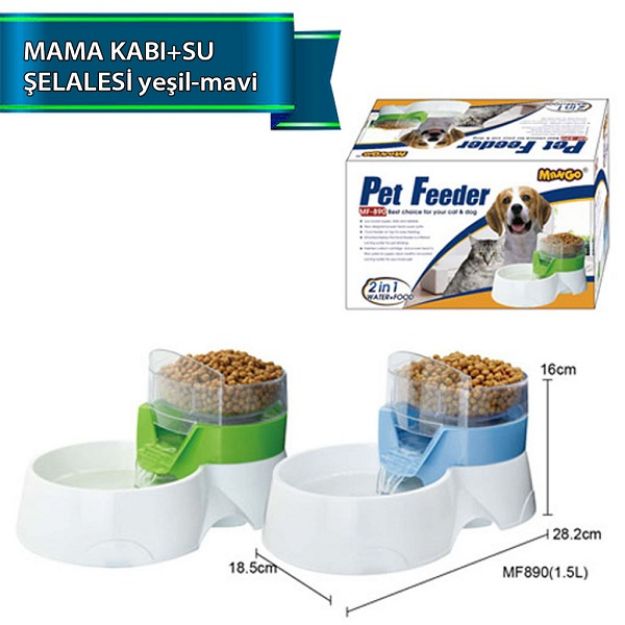 Picture of Dophin İkili Şelale Su Kabı & Mama Kabı Yeşil veya Mavi 1,5 Lt