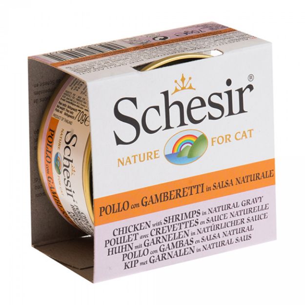 Picture of Schesir Broth Naturel Doğal Et Soslu Tavuk ve Karidesli Kedi Konseve 70 gr